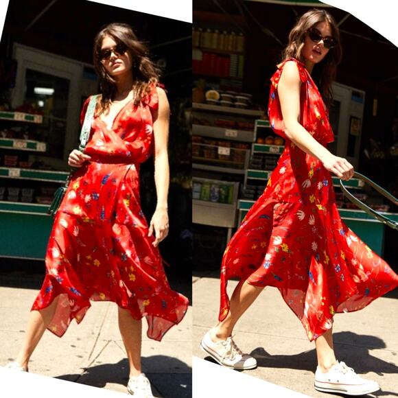 THE KOOPLES Motif Floral Midi Dress Handkerchief Hem Festival Coquette Boho Red - Picture 11 of 13